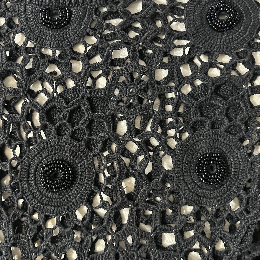 Vintage Home Made Black Beaded Crochet Long Sleeve Oversize W Sweater Sz M